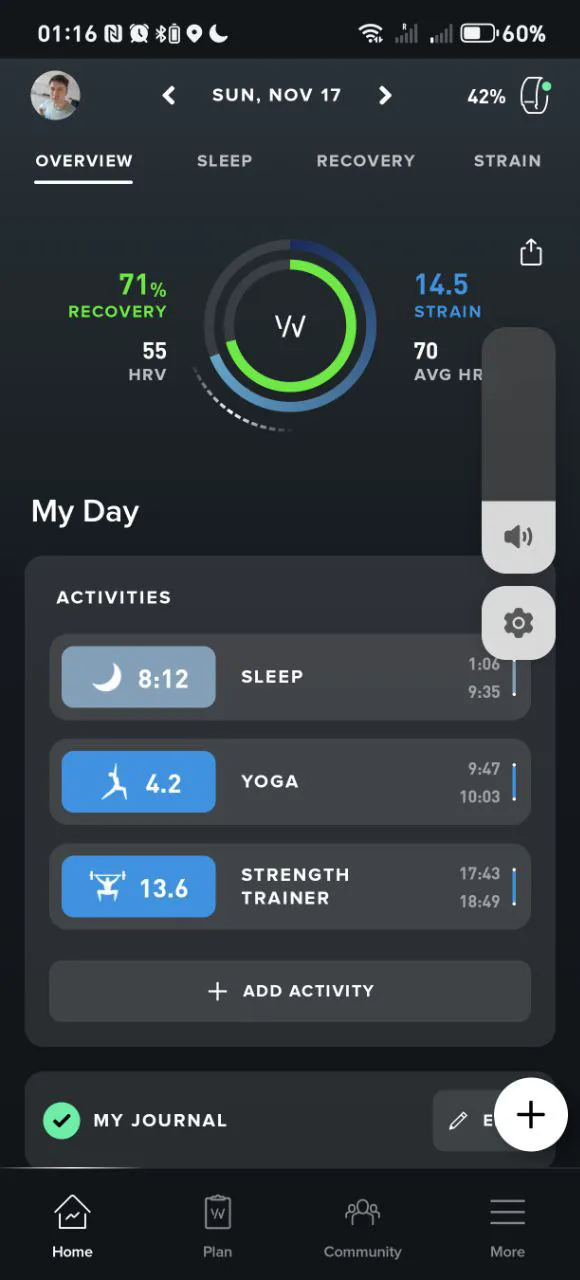 Главный экран Whoop: Recovery 71%, Strain 14.5, HRV 55 и список активностей за день — сон, йога, силовая тренировка
